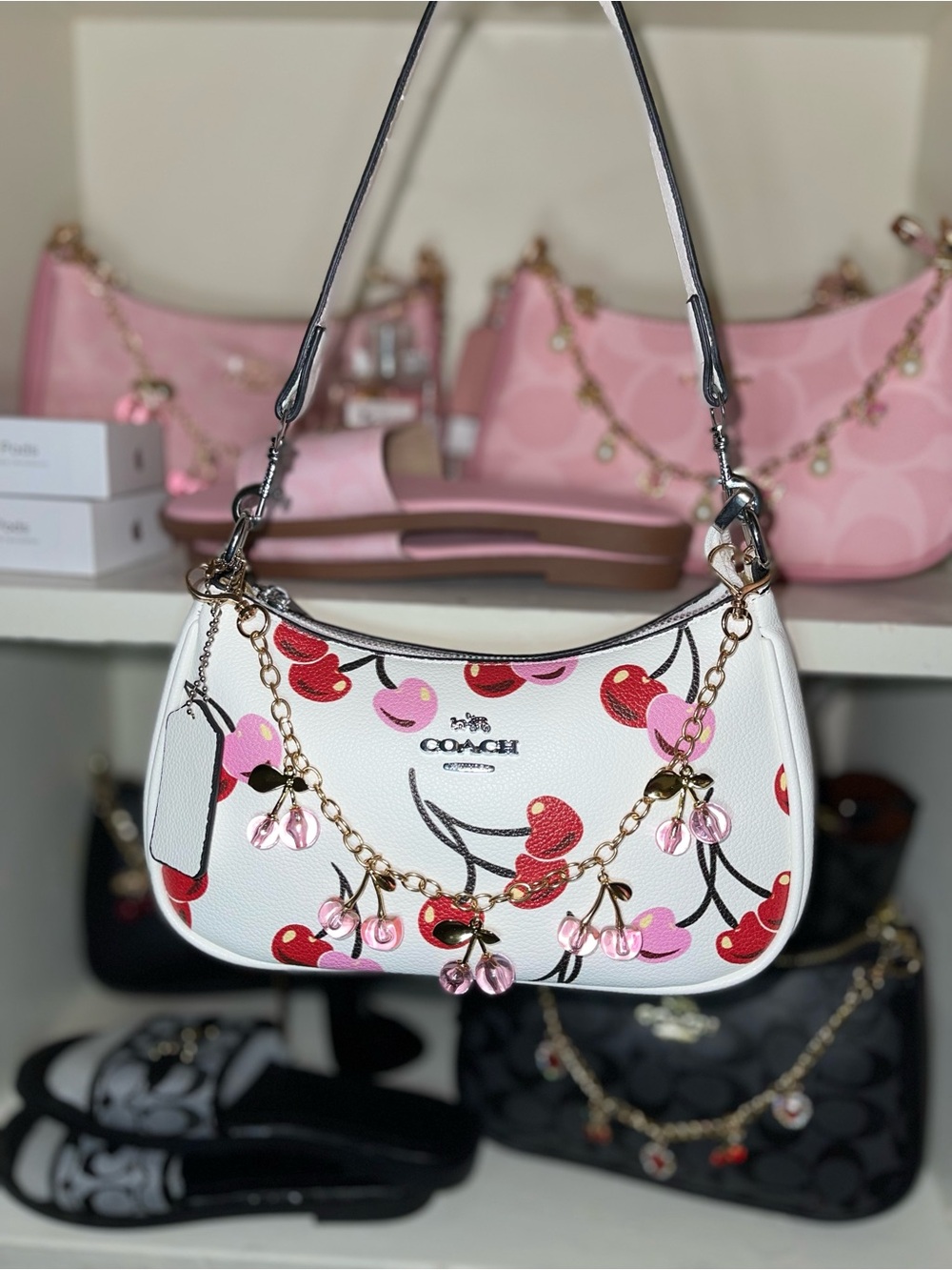 Coach White Cherry Print Shoulder Bag with Pink and Red Accents